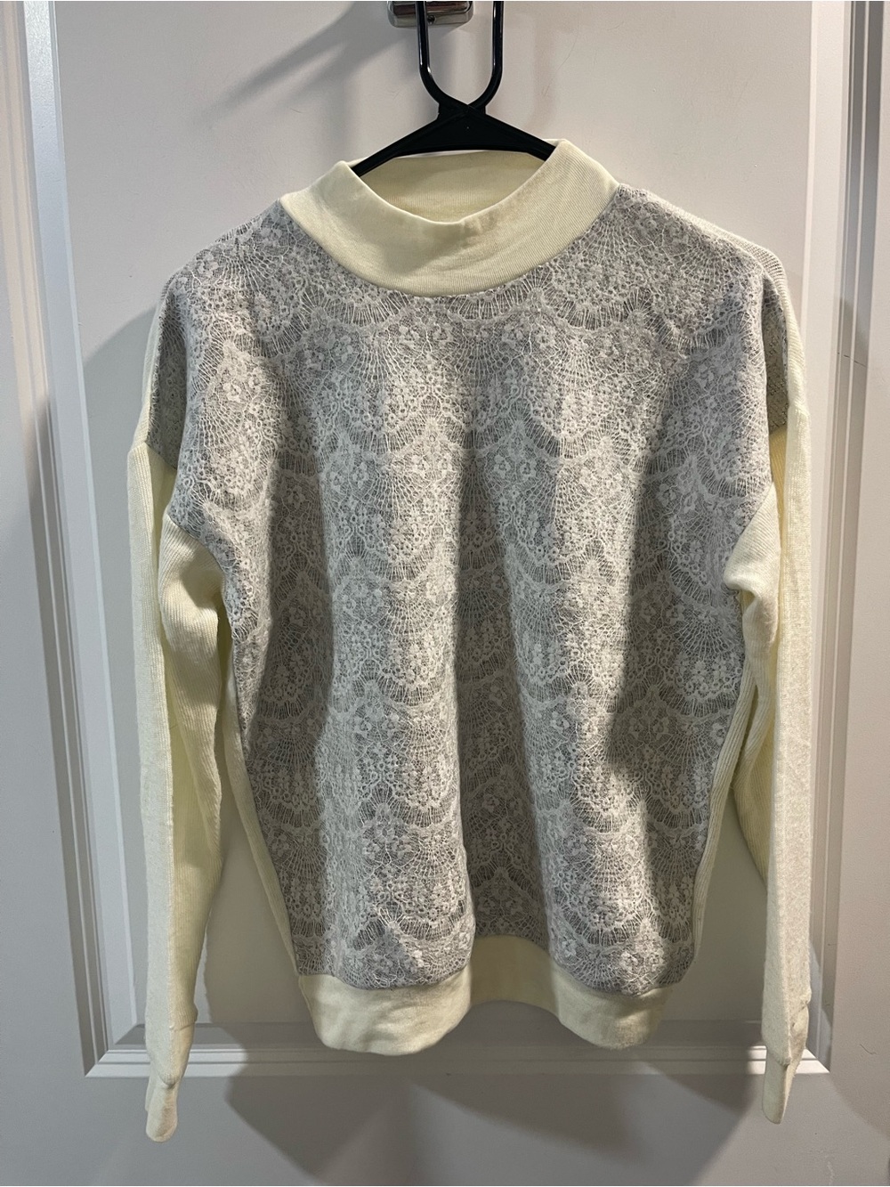 Moussy Cream and Gray Crewneck Sweater with Lace-Look Pattern
